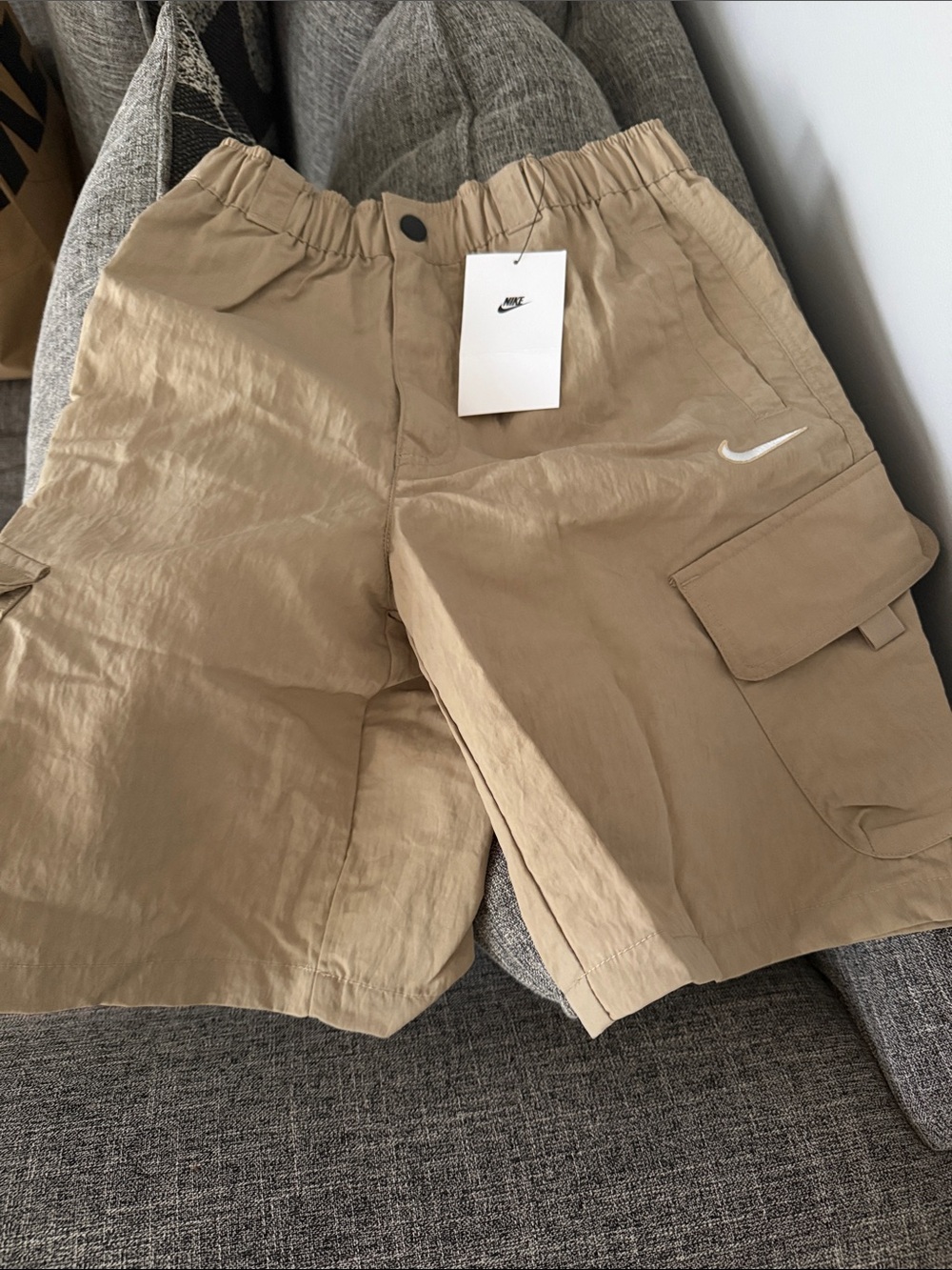 Nike Men’s Khaki Cargo Shorts with White Swoosh
